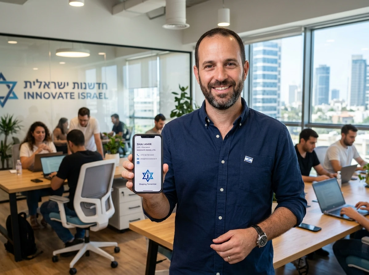 בעל עסק מציג כרטיס ביקור דיגיטלי בטלפון נייד ללקוח