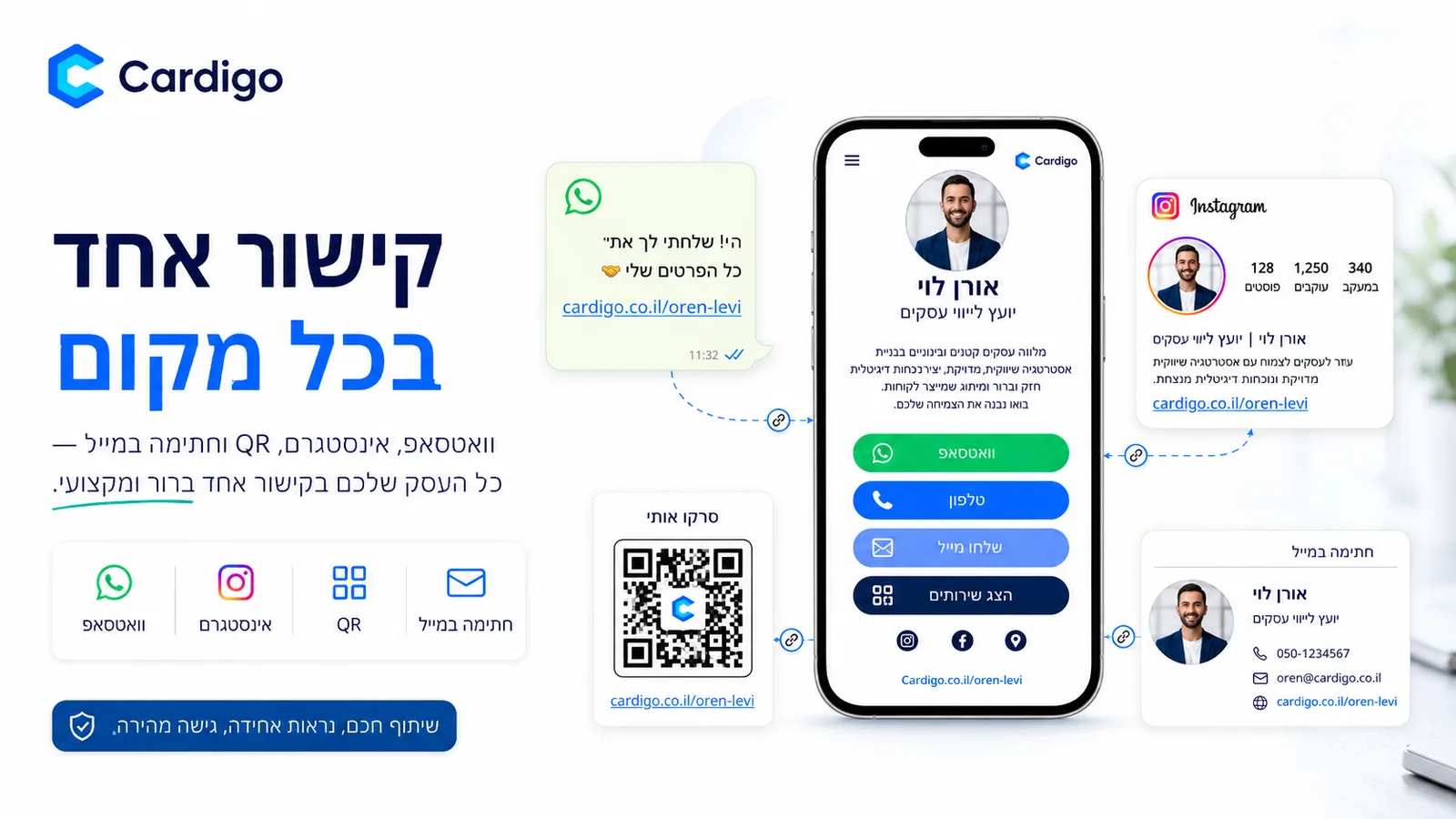 קישור אחד לכרטיס ביקור דיגיטלי משותף בוואטסאפ אינסטגרם וקוד QR