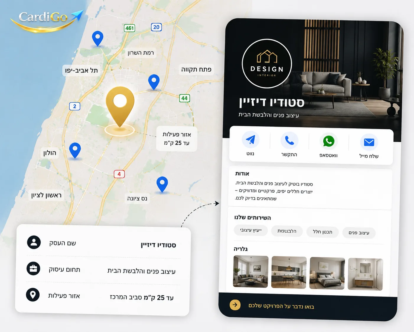 כרטיס ביקור דיגיטלי עם פרטי עסק ואזור פעילות לצורך נוכחות דיגיטלית