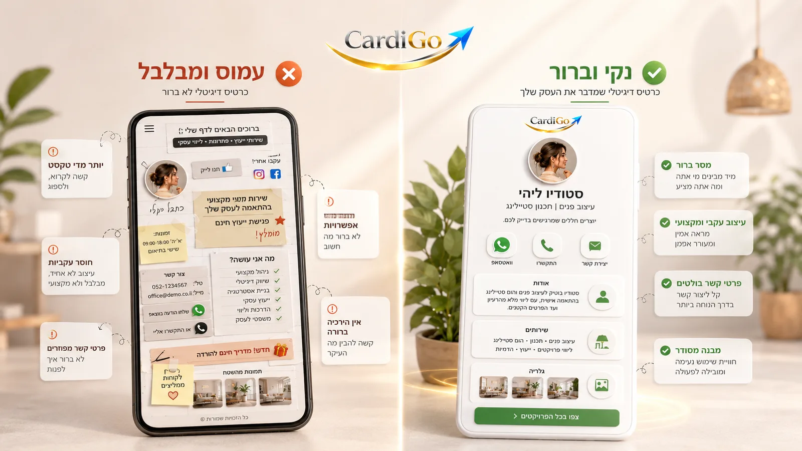 השוואה בין כרטיס דיגיטלי מבולגן לבין כרטיס דיגיטלי מקצועי וברור