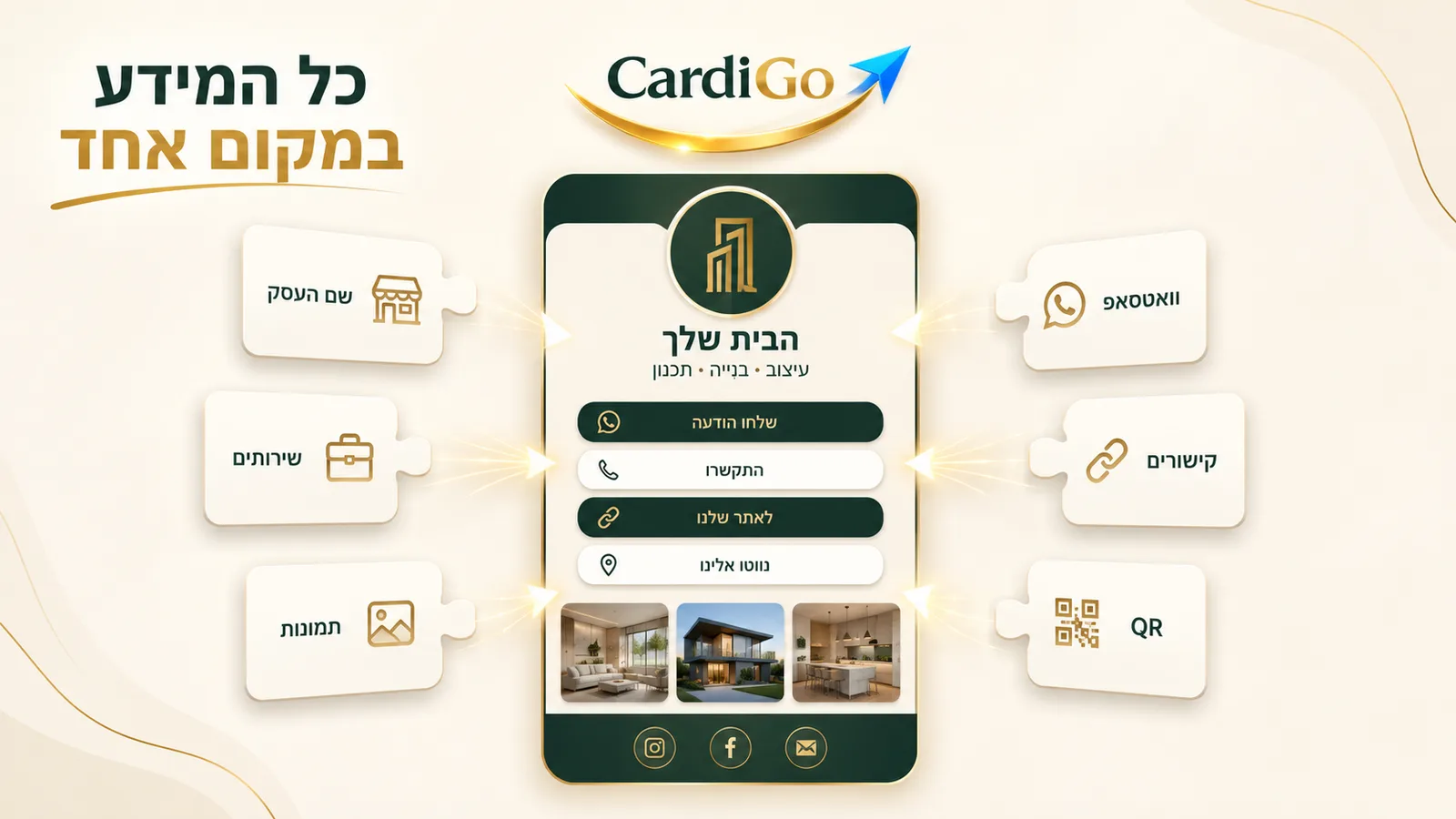 פאזל של פרטי עסק שמתחברים לכרטיס ביקור דיגיטלי אחד מסודר