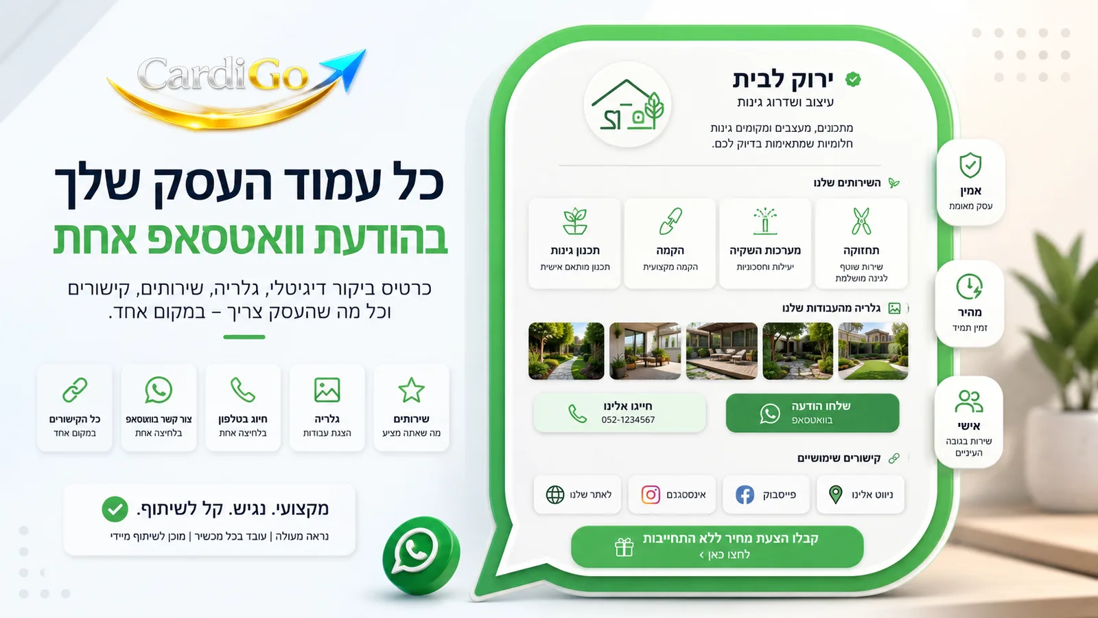 כרטיס ביקור דיגיטלי בתוך הודעת וואטסאפ עם כל פרטי העסק במקום אחד