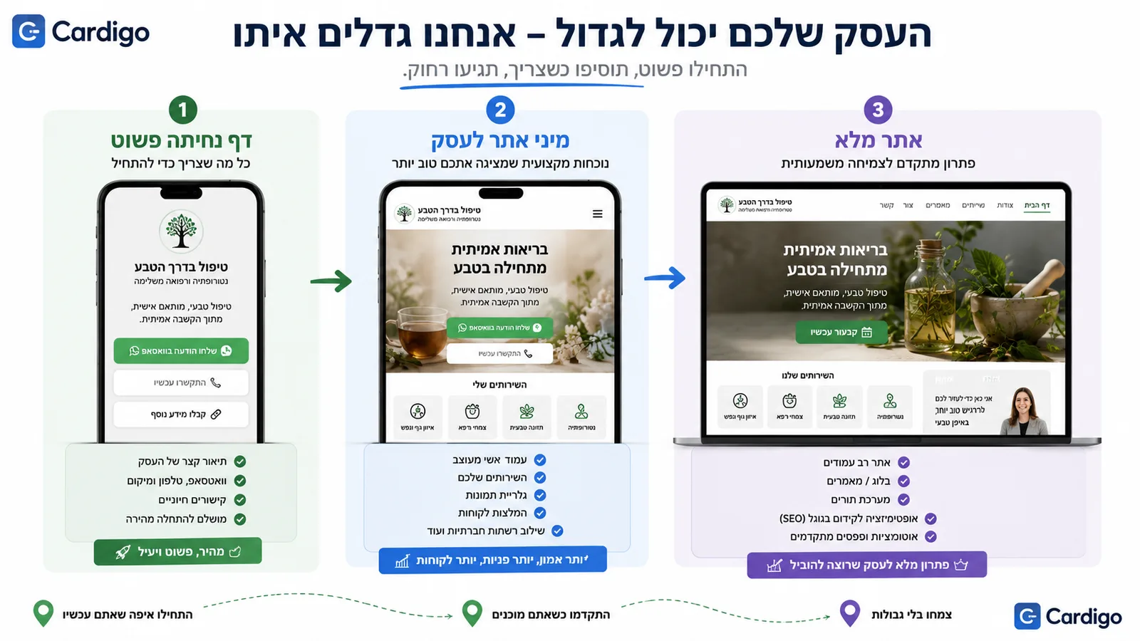 השוואה בין דף נחיתה מיני אתר ואתר מלא לעסק קטן
