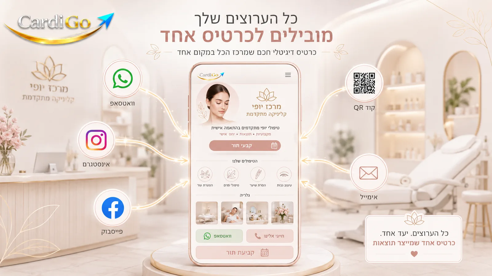 כרטיס דיגיטלי לקוסמטיקאית מחבר בין וואטסאפ אינסטגרם QR ומייל