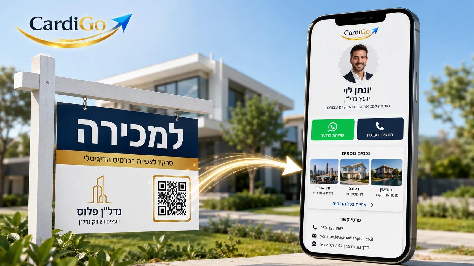 קוד QR על שלט נדל״ן שמוביל לכרטיס דיגיטלי של מתווך