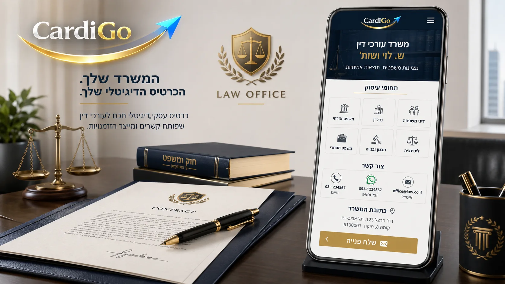 כרטיס ביקור דיגיטלי לעורך דין עם תחומי עיסוק פרטי קשר ופנייה מסודרת