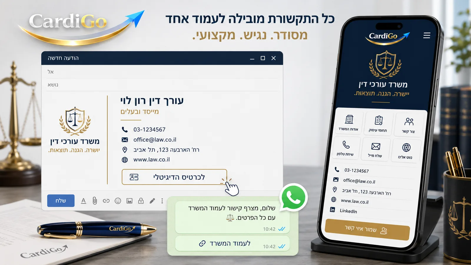 קישור לכרטיס ביקור דיגיטלי של עורך דין בוואטסאפ ובחתימת מייל