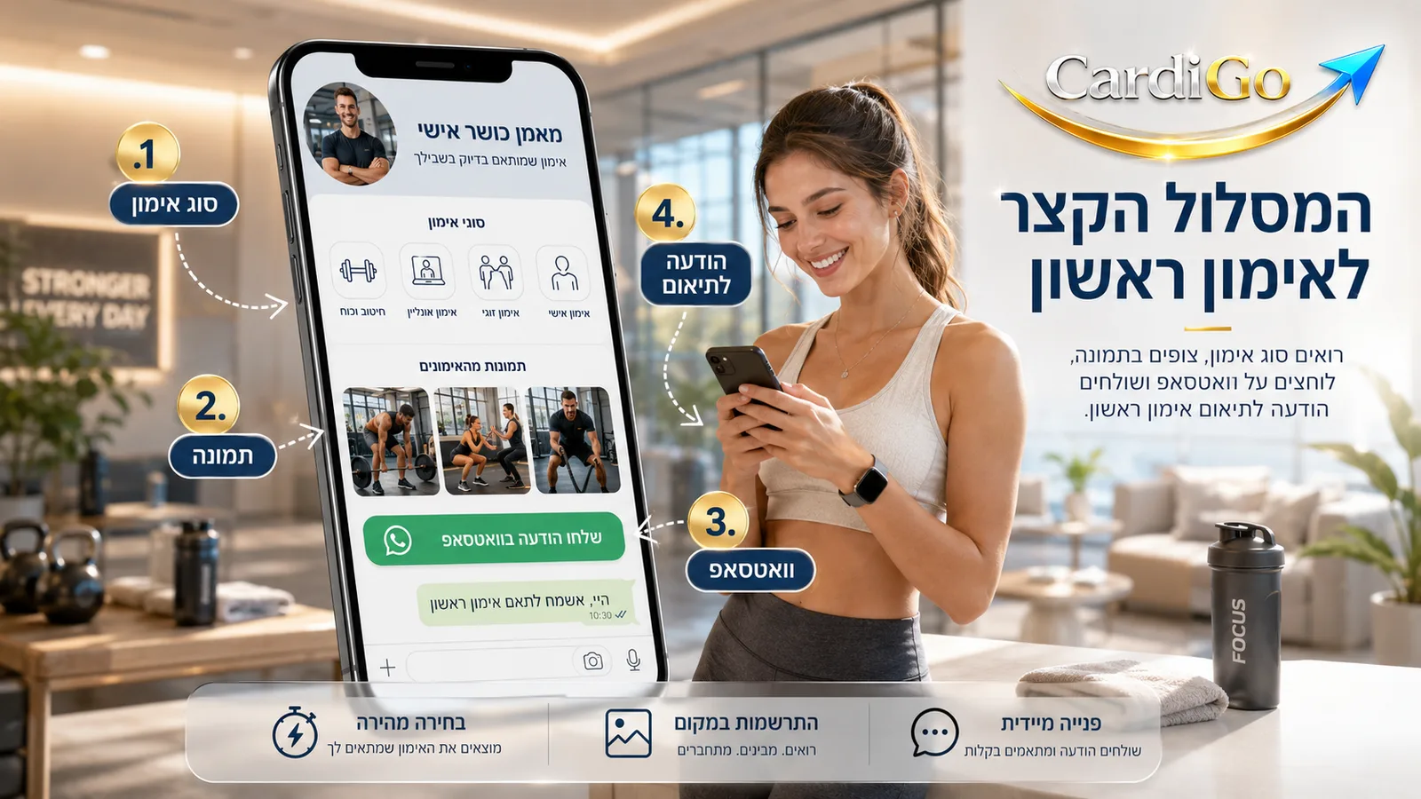כפתור וואטסאפ לתיאום אימון בכרטיס ביקור דיגיטלי למאמן כושר