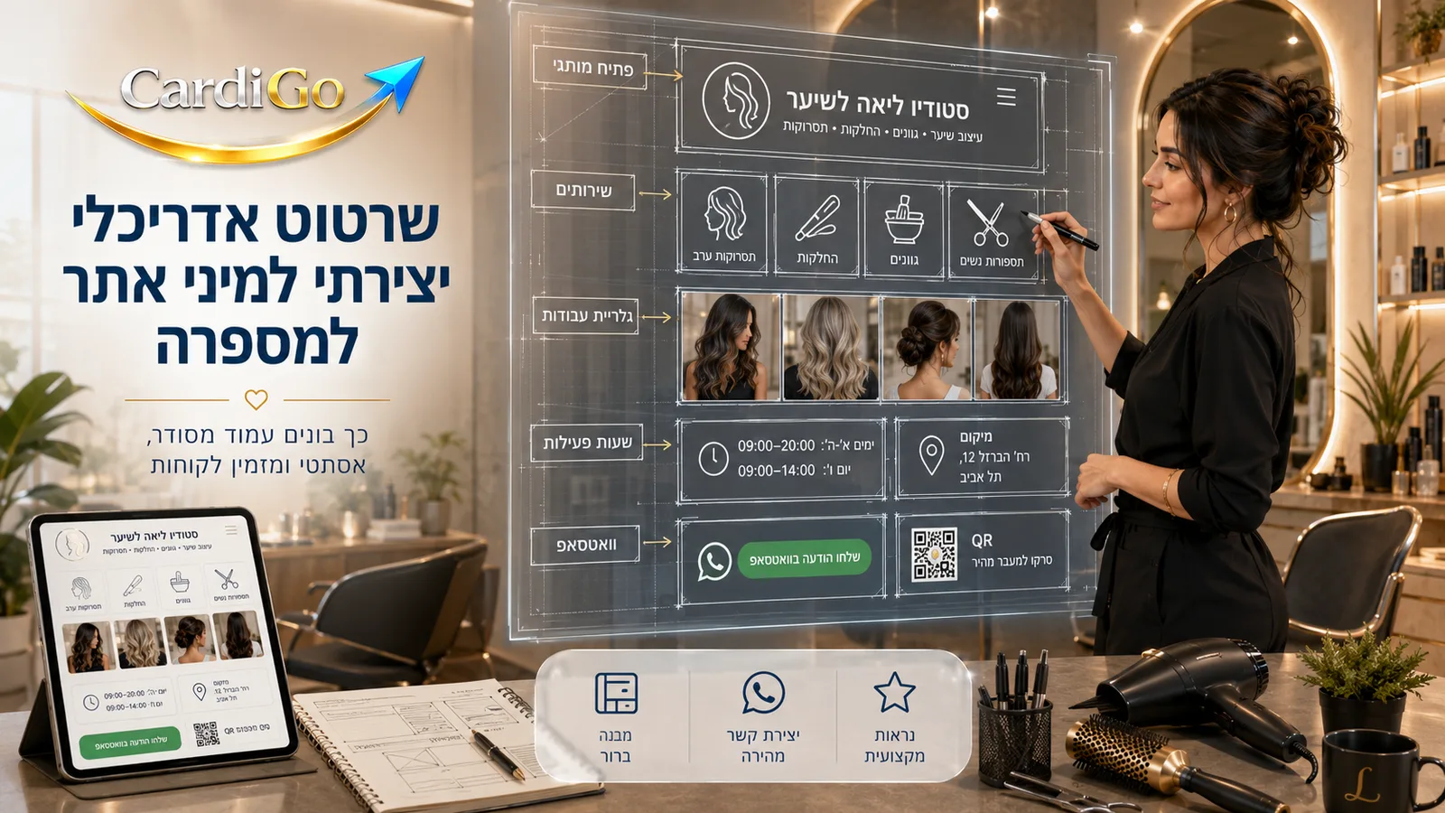 מיני אתר למספרה המבוסס על כרטיס ביקור דיגיטלי