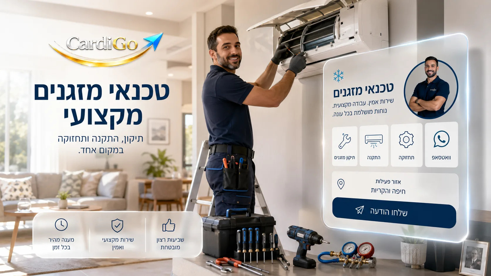 כרטיס ביקור דיגיטלי לטכנאי מזגנים עם שירותי תיקון התקנה וואטסאפ ואזור פעילות