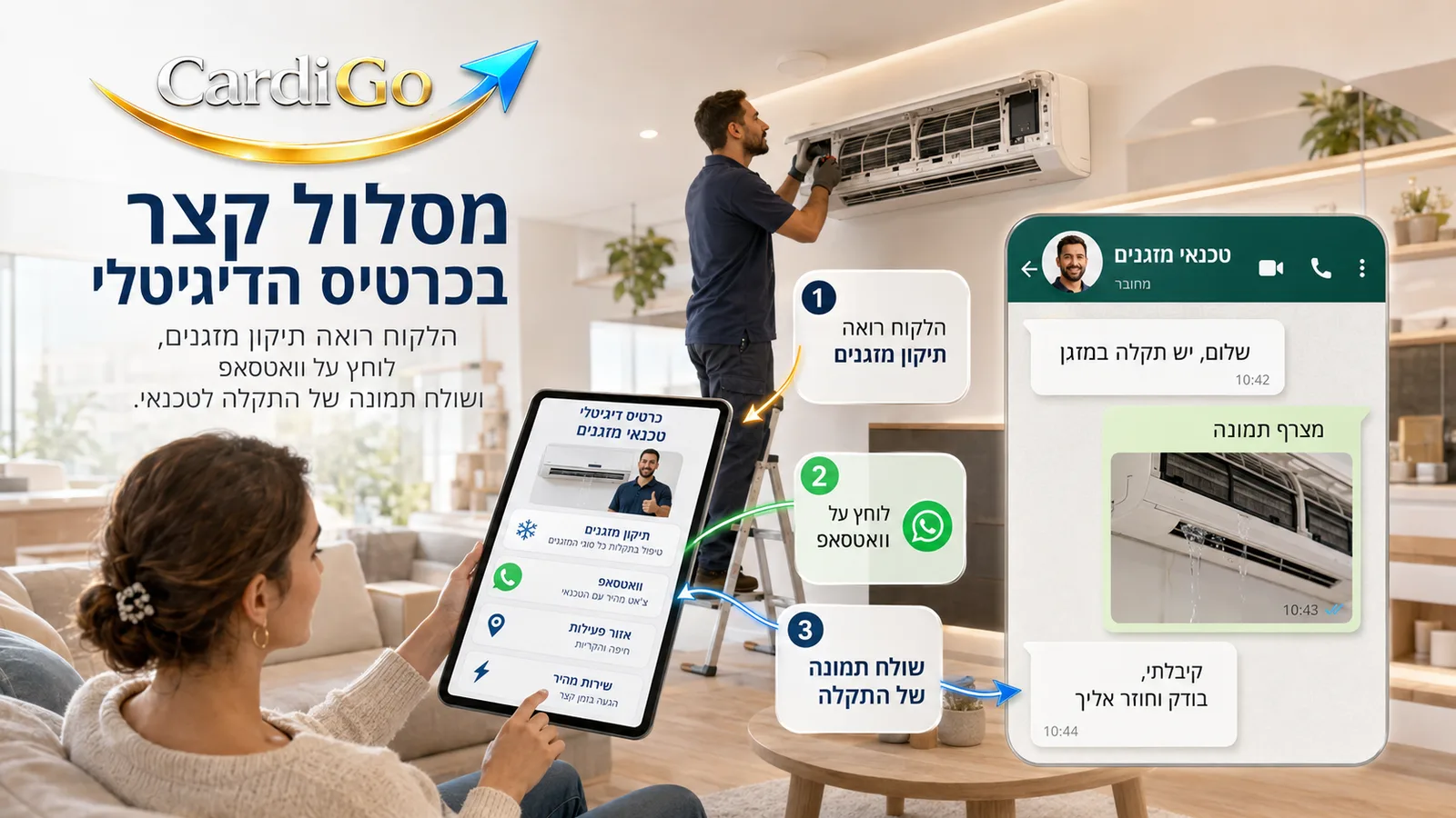 כפתור וואטסאפ בכרטיס דיגיטלי לטכנאי מזגנים לשליחת תמונת תקלה