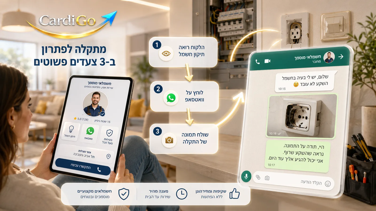כפתור וואטסאפ בכרטיס דיגיטלי לחשמלאי לשליחת תמונת תקלה