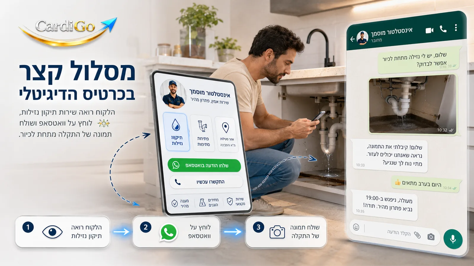כפתור וואטסאפ בכרטיס דיגיטלי לאינסטלטור לשליחת תמונת תקלה