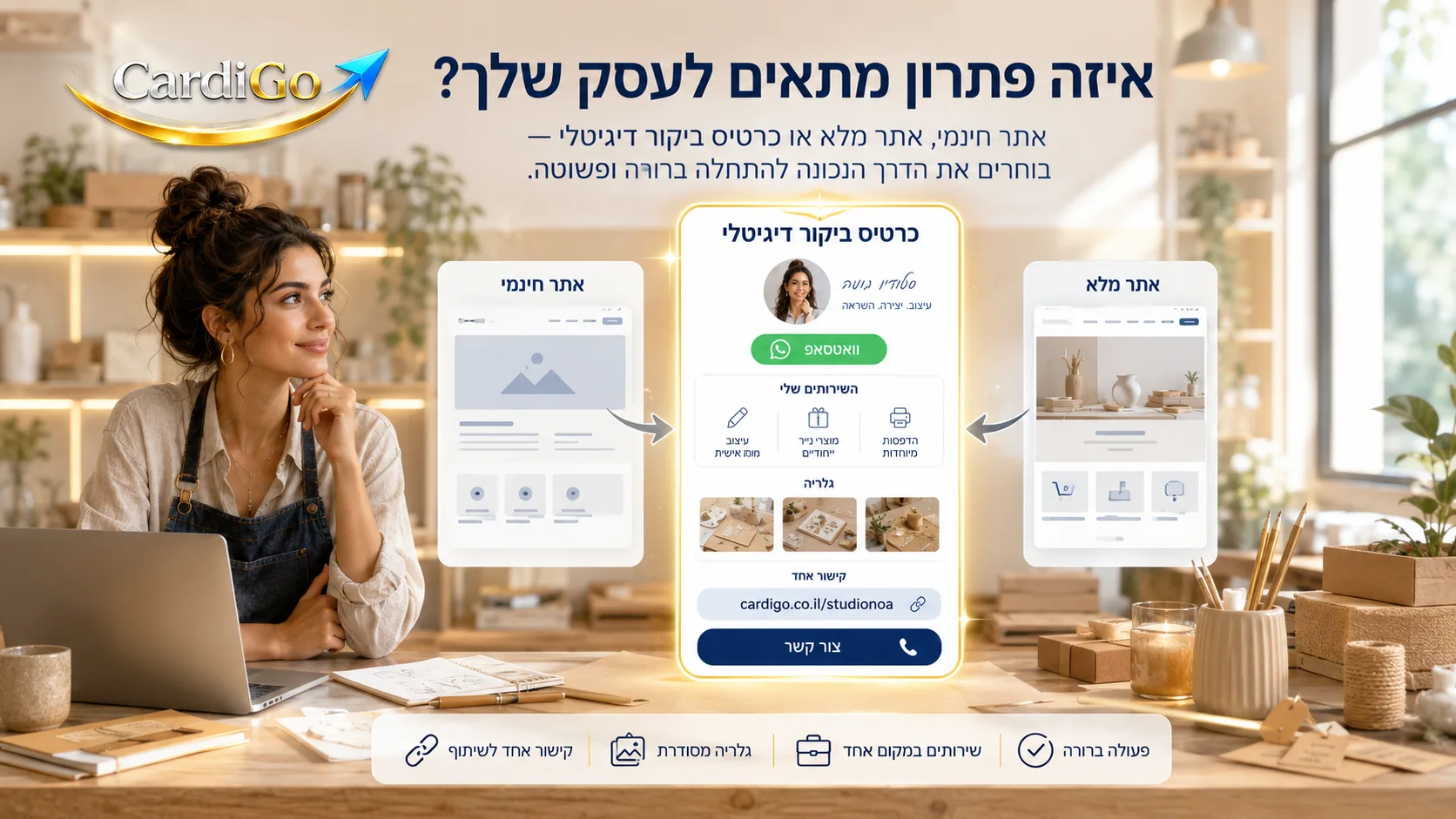 בניית אתר בחינם לעסק קטן מול כרטיס ביקור דיגיטלי עם וואטסאפ ושירותים