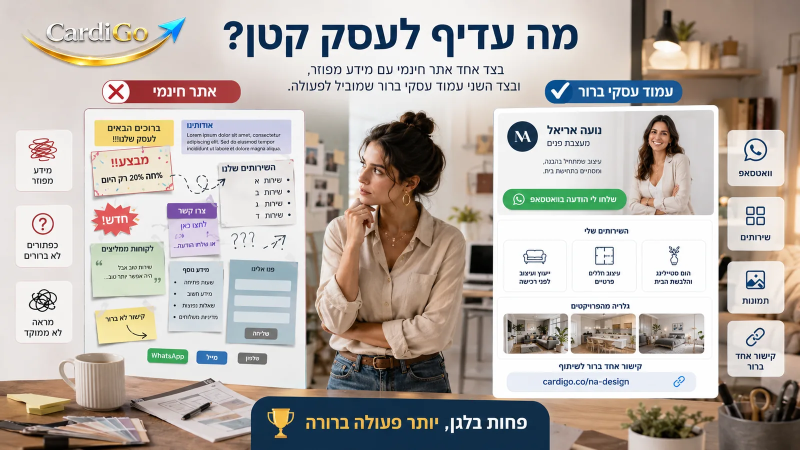 השוואה בין אתר חינמי מבולגן לבין עמוד עסקי דיגיטלי ברור