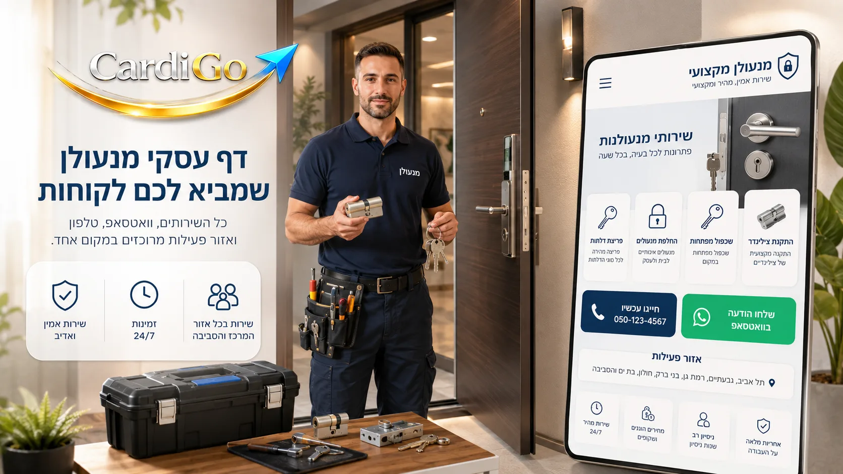 כרטיס ביקור דיגיטלי למנעולן עם פריצת דלתות החלפת מנעולים וואטסאפ ואזור פעילות