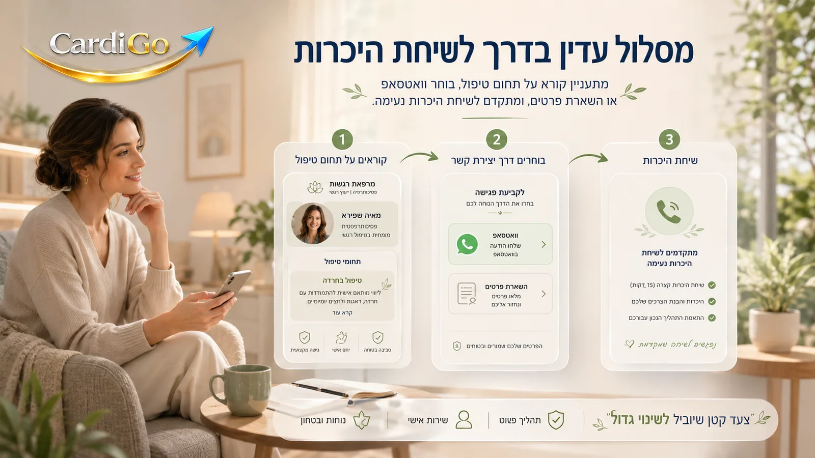 כפתור פנייה עדין בכרטיס דיגיטלי למטפל רגשי