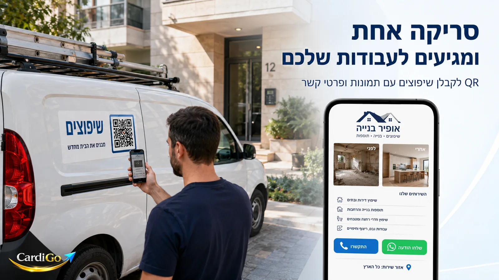 קוד QR לקבלן שיפוצים עם טקסט בעברית שמוביל לכרטיס ביקור דיגיטלי עם עבודות ופרטי קשר