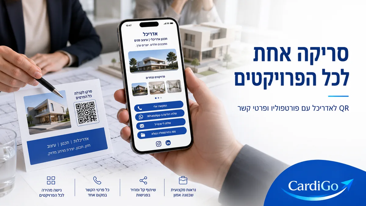 קוד QR לאדריכל עם טקסט בעברית שמוביל לכרטיס ביקור דיגיטלי עם פרויקטים ופרטי קשר