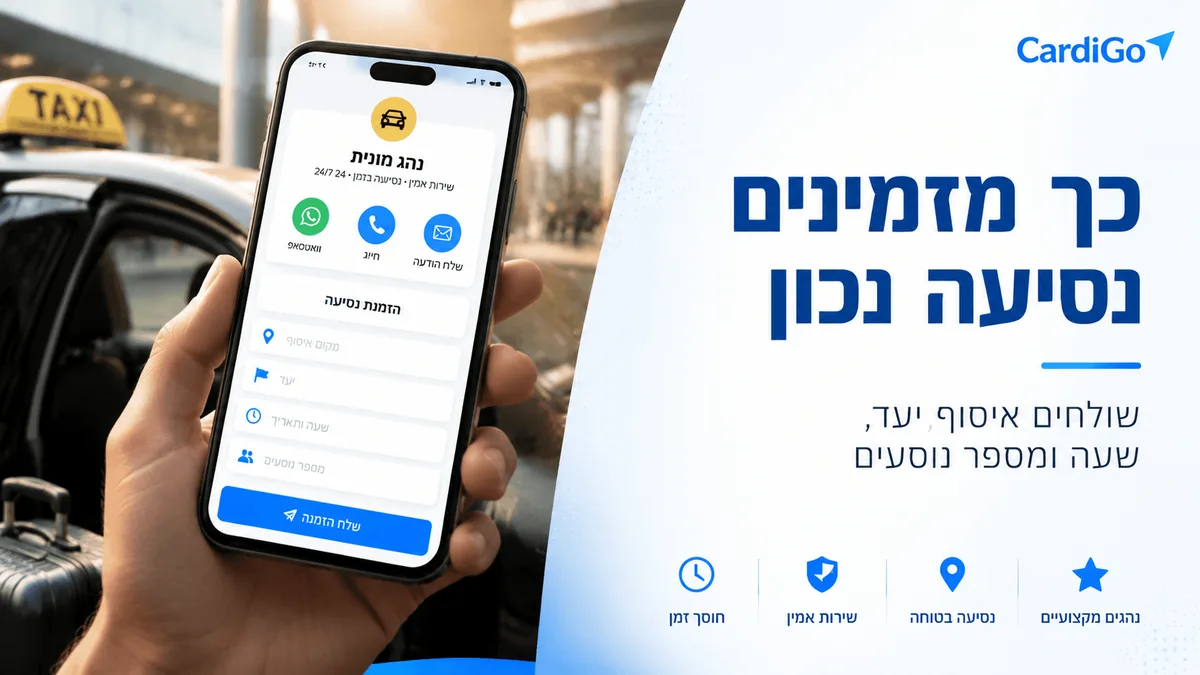 כרטיס ביקור דיגיטלי לנהג מונית עם טקסט בעברית על שליחת נקודת איסוף יעד שעה ומספר נוסעים להזמנה מסודרת.png