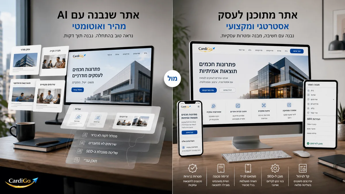 השוואה בין אתר AI שנבנה במהירות לבין אתר עסקי שתוכנן לפי מטרות ולקוחות