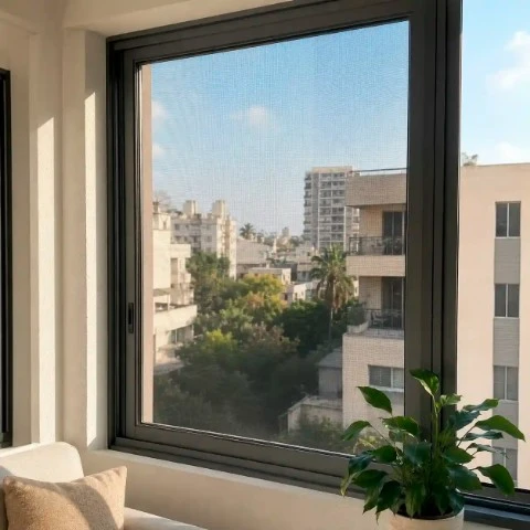 רשת נגד יתושים מותקנת בחלון עם התאמה נקייה ומקצועית