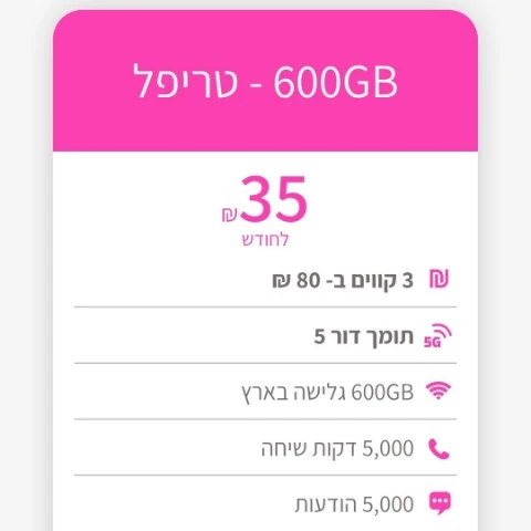 חבילת טריפל לשלושה קווי סלולר עם 600GB ודור 5 ברמי לוי תקשורת