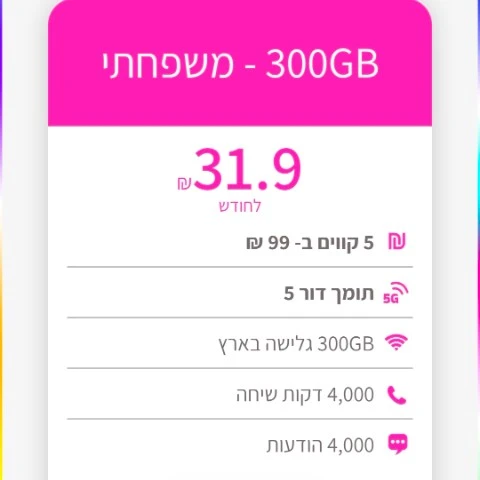 חבילת זוגות עם 200GB גלישה ואלפי דקות שיחה והודעות ברמי לוי תקשורת