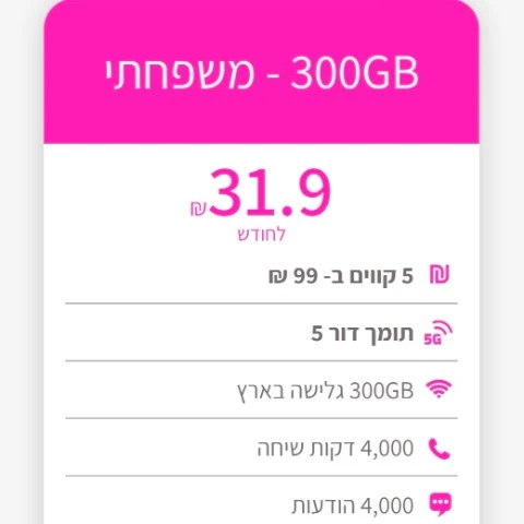 חבילה משפחתית לחמישה קווי סלולר עם 300GB ודור 5 בקריית שמונה