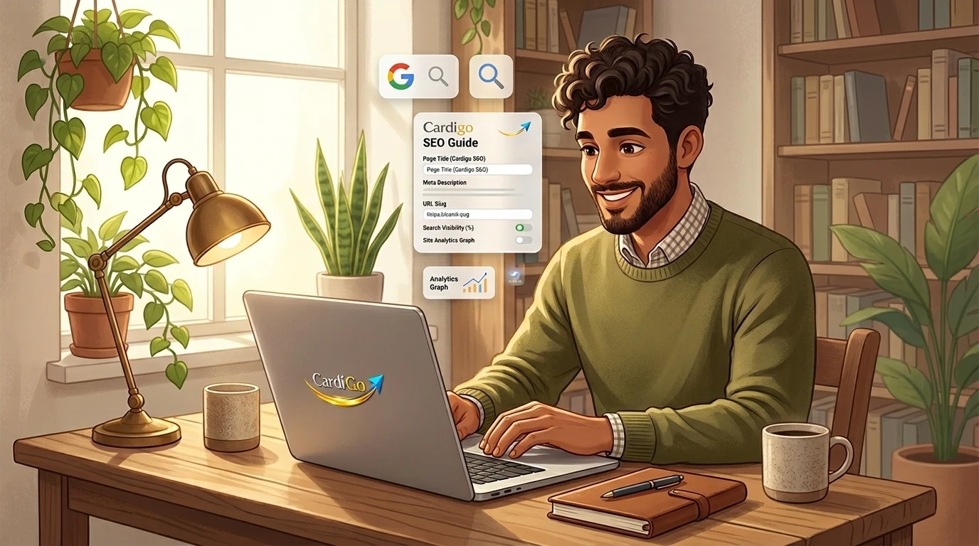מדריך SEO של Cardigo עם איור יצירתי של כרטיס ביקור דיגיטלי, חיפוש, קישור, קוד QR וכלי אופטימיזציה